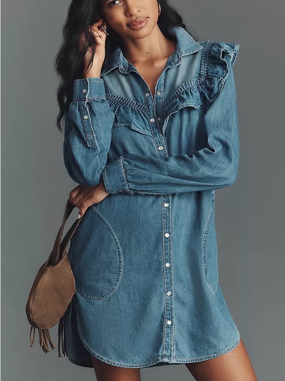 NWT Anthropologie Pilcro Size Large Blue Ruffle Denim Mini Shirt Dress